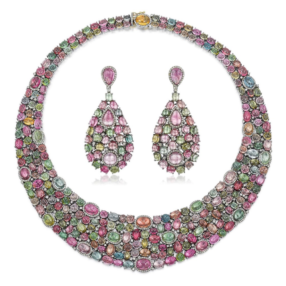 Magnificent Cabochon Pink & Green Tourmaline And Diamond Necklace Earring Set***